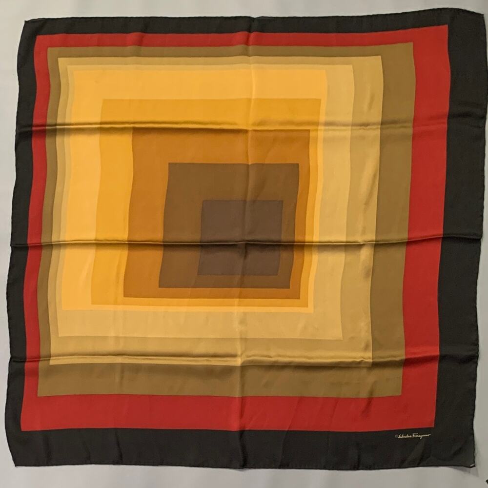 SALVATORE FERRAGAMO Black Multi Color Squares Print Silk Scarf Shawl